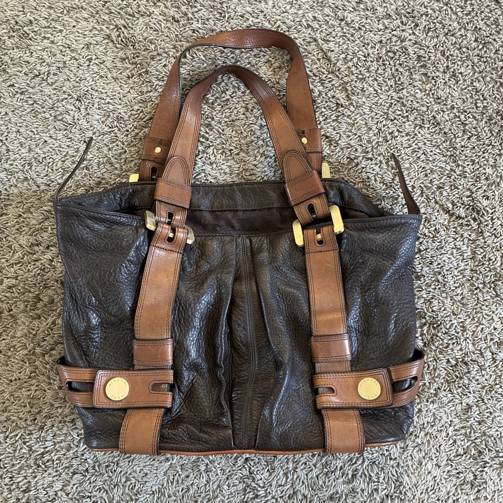 Michael Kors black and brown leather shoulder bag purse Double Strap Pebble